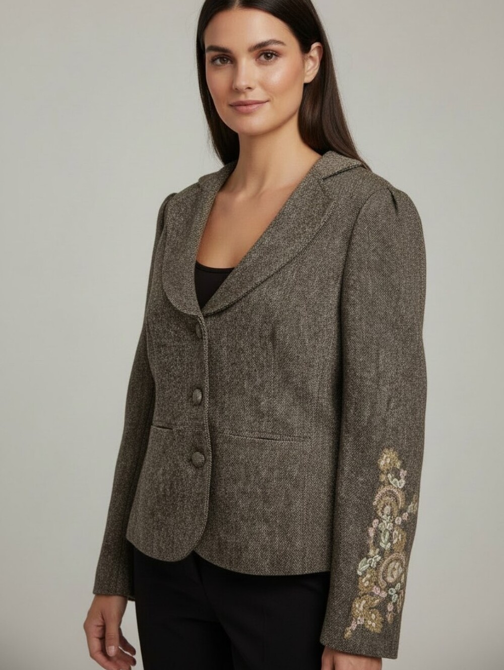 NWT Tribal Wool Blend Tweed Blazer Embroidered Sleeve Portrait Collar Jacket 16